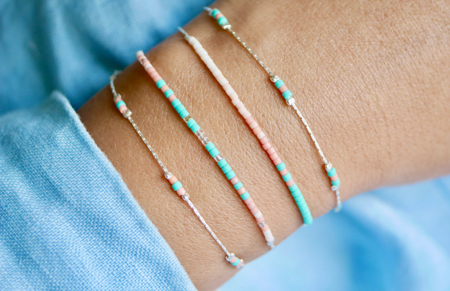 Lot de 4 Bracelets - Chaine serpent - Perles miyuki turquoise, corail, rose - empilable - Argent 925