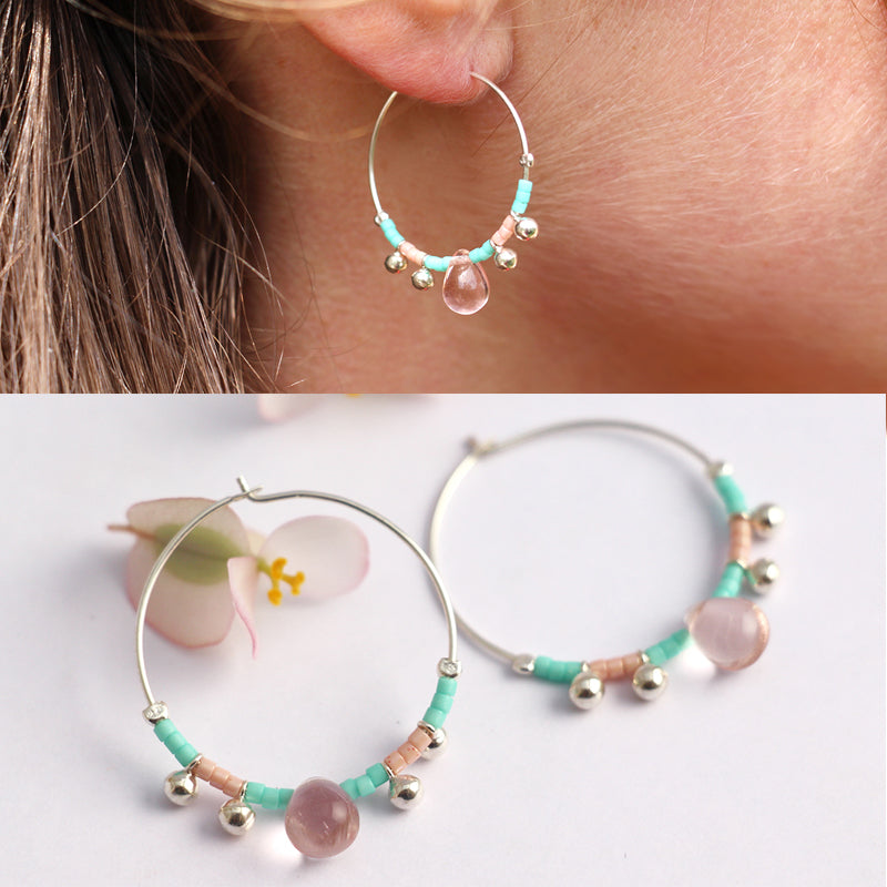 Boucles d'oreilles Clématite - Créoles - Gouttes rose - Perles miyuki menthe - Argent 925