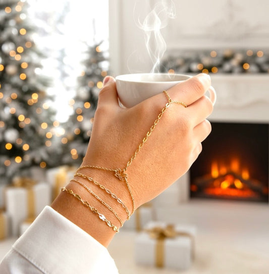 Lot Bijoux de main + 3 bracelets fins empilables - Bracelet Bague - Fleur de Lotus - Plaqué Or