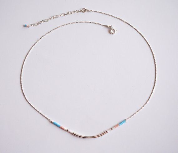 Collier Azalée - Perles miyuki turquoise, rose pastel - Tube - Argent 925