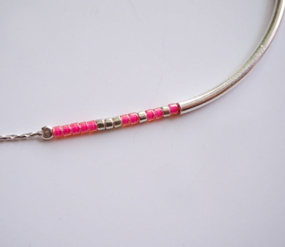 Collier Azalée - Perles Miyuki rose fluo - Chaîne serpent - Tube Argent 925