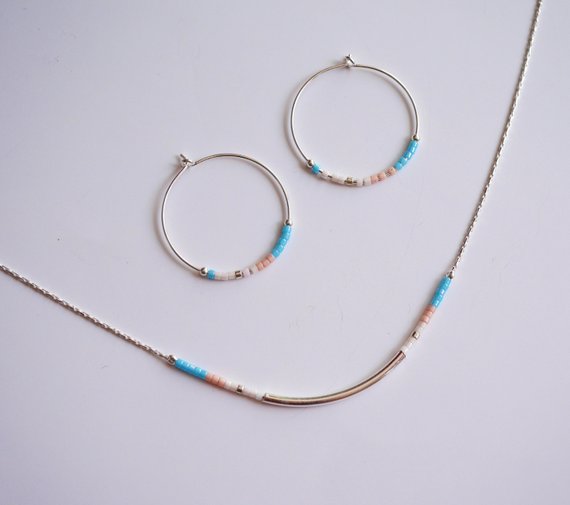 Collier Azalée - Perles miyuki turquoise, rose pastel - Tube - Argent 925