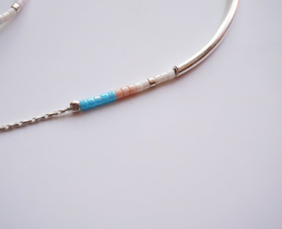 Collier Azalée - Perles miyuki turquoise, rose pastel - Tube - Argent 925