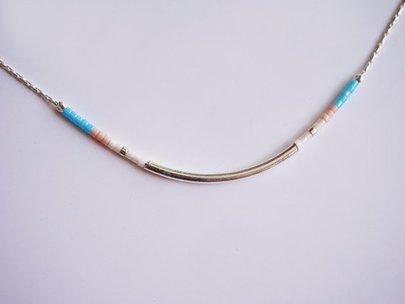 Collier Azalée - Perles miyuki turquoise, rose pastel - Tube - Argent 925