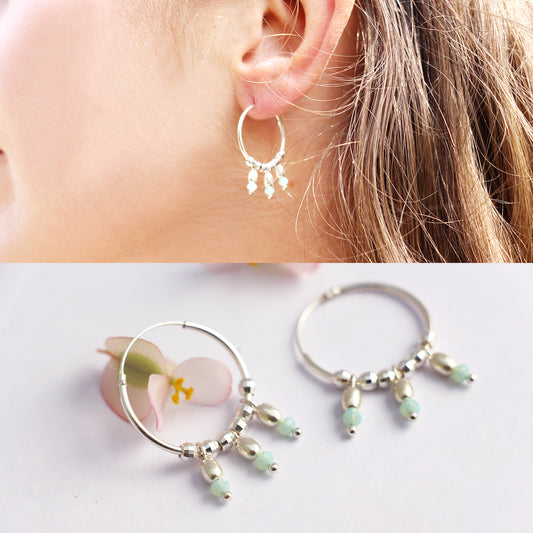 Boucles d'oreille Eglantine - Créoles - Perles de verre Menthe - Argent 925