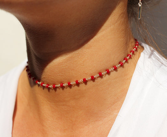 Chocker Bohémia - Pierres rouges - Chaîne Rosaire argent 925