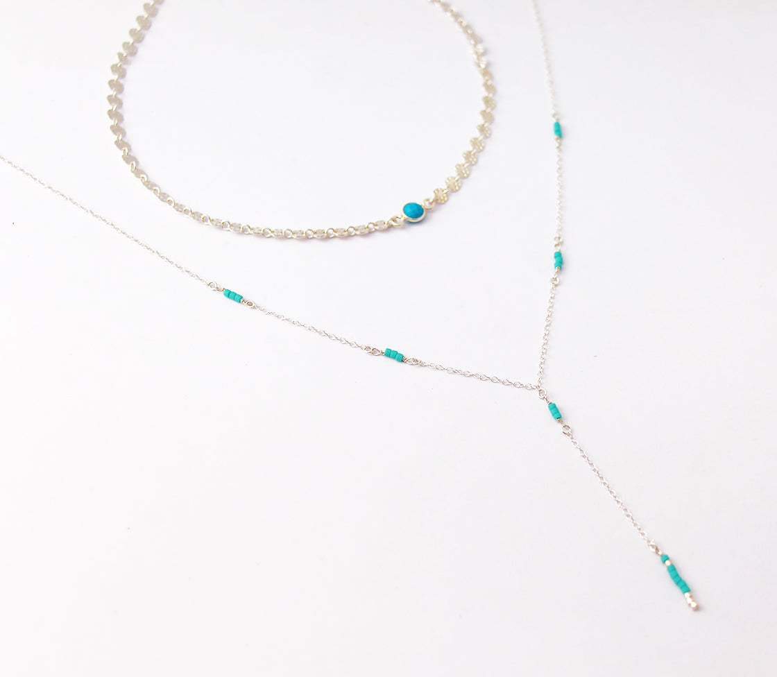 Sautoir Bohémia - Pierres Turquoise - Chaîne Argent 925