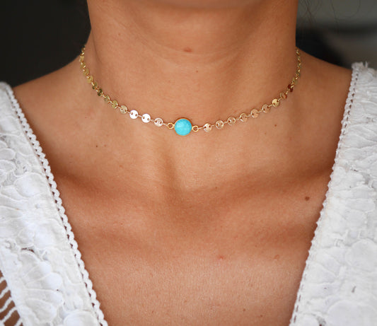 Ras de cou Cyrielle - Chocker - Pierre Turquoise - Chaîne cercles - Plaqué Or