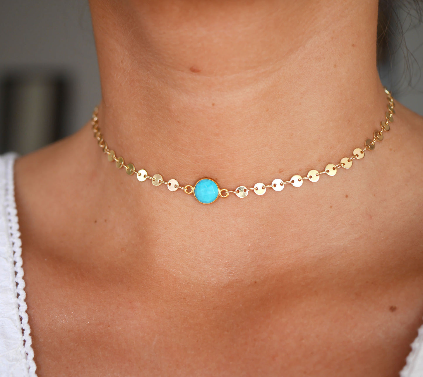 Ras de cou Cyrielle - Chocker - Pierre Turquoise - Chaîne cercles - Plaqué Or