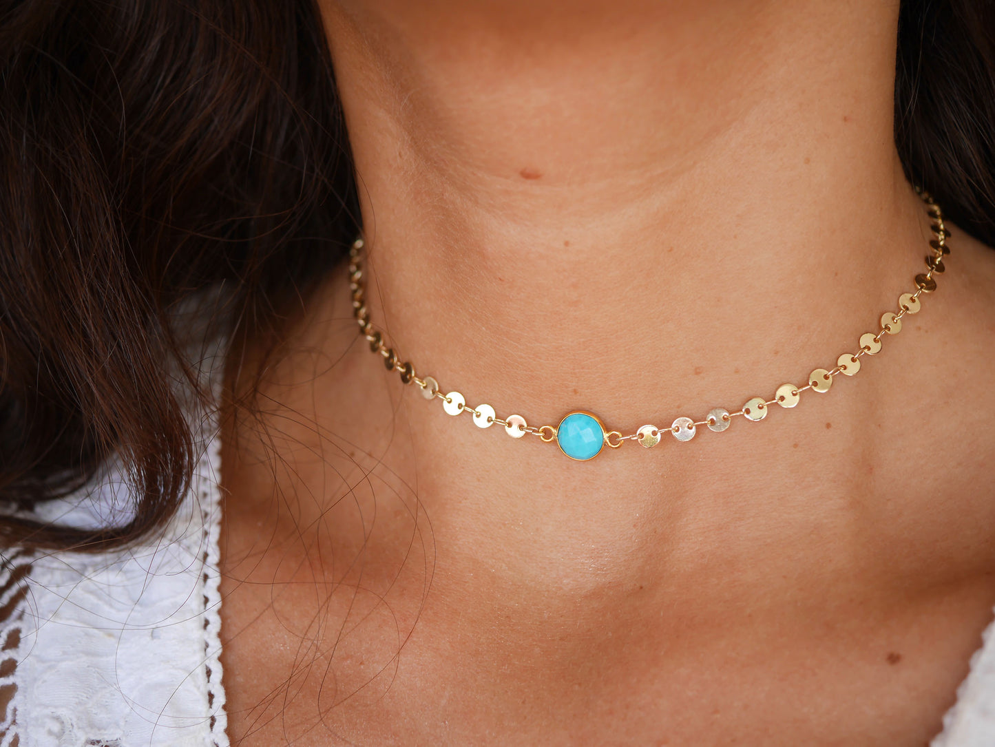 Ras de cou Cyrielle - Chocker - Pierre Turquoise - Chaîne cercles - Plaqué Or