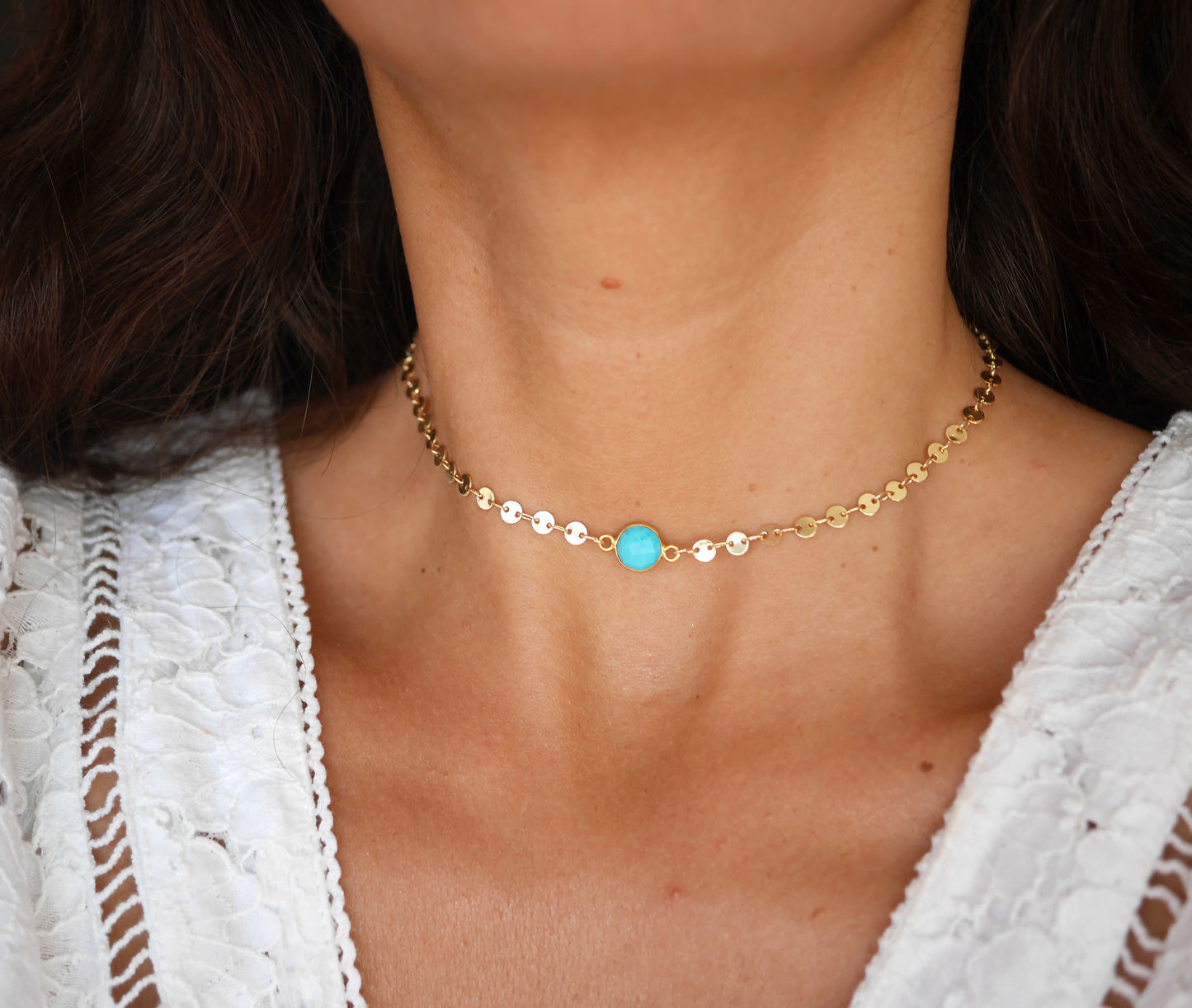 Ras de cou Cyrielle - Chocker - Pierre Turquoise - Chaîne cercles - Plaqué Or