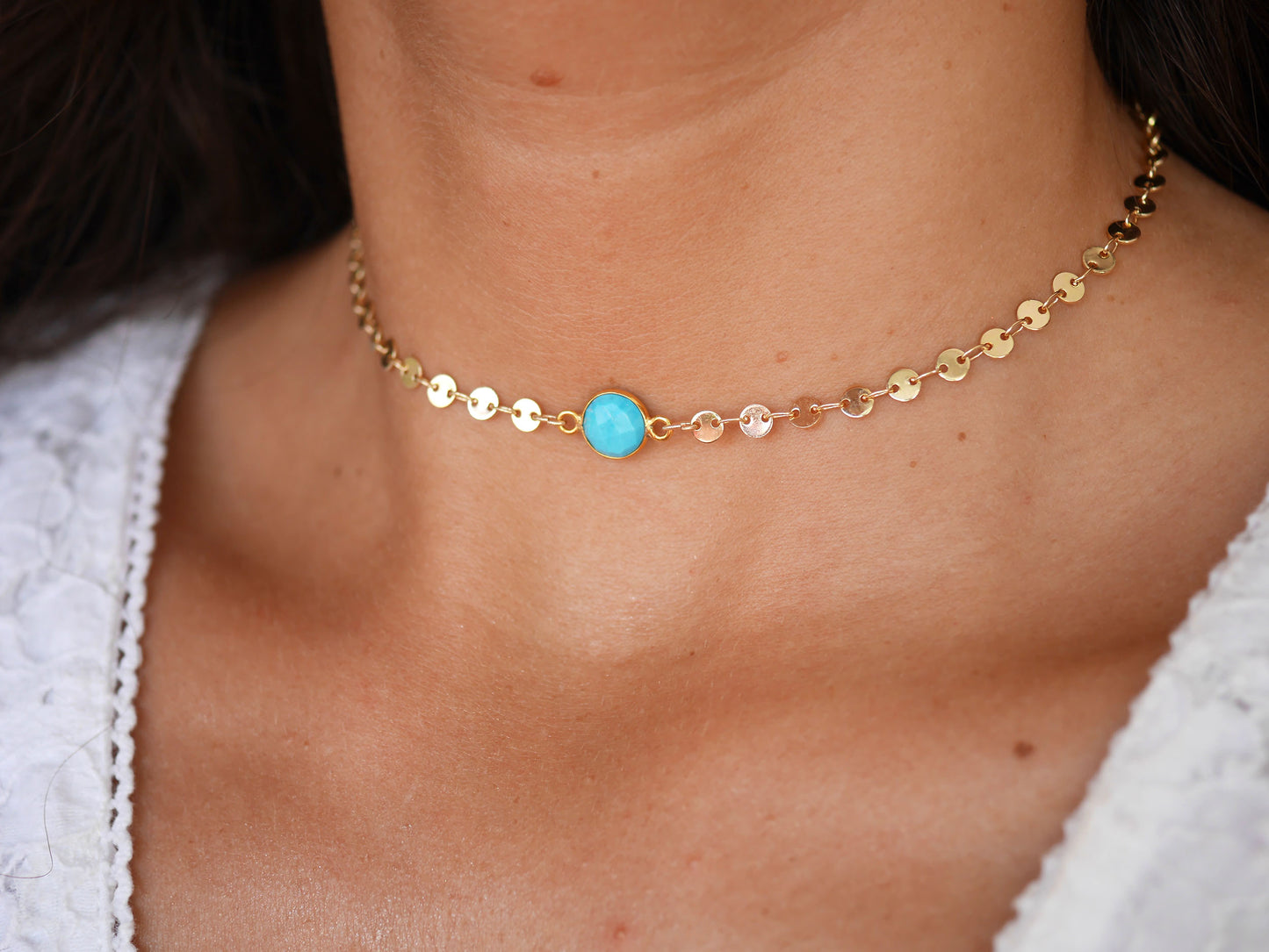 Ras de cou Cyrielle - Chocker - Pierre Turquoise - Chaîne cercles - Plaqué Or