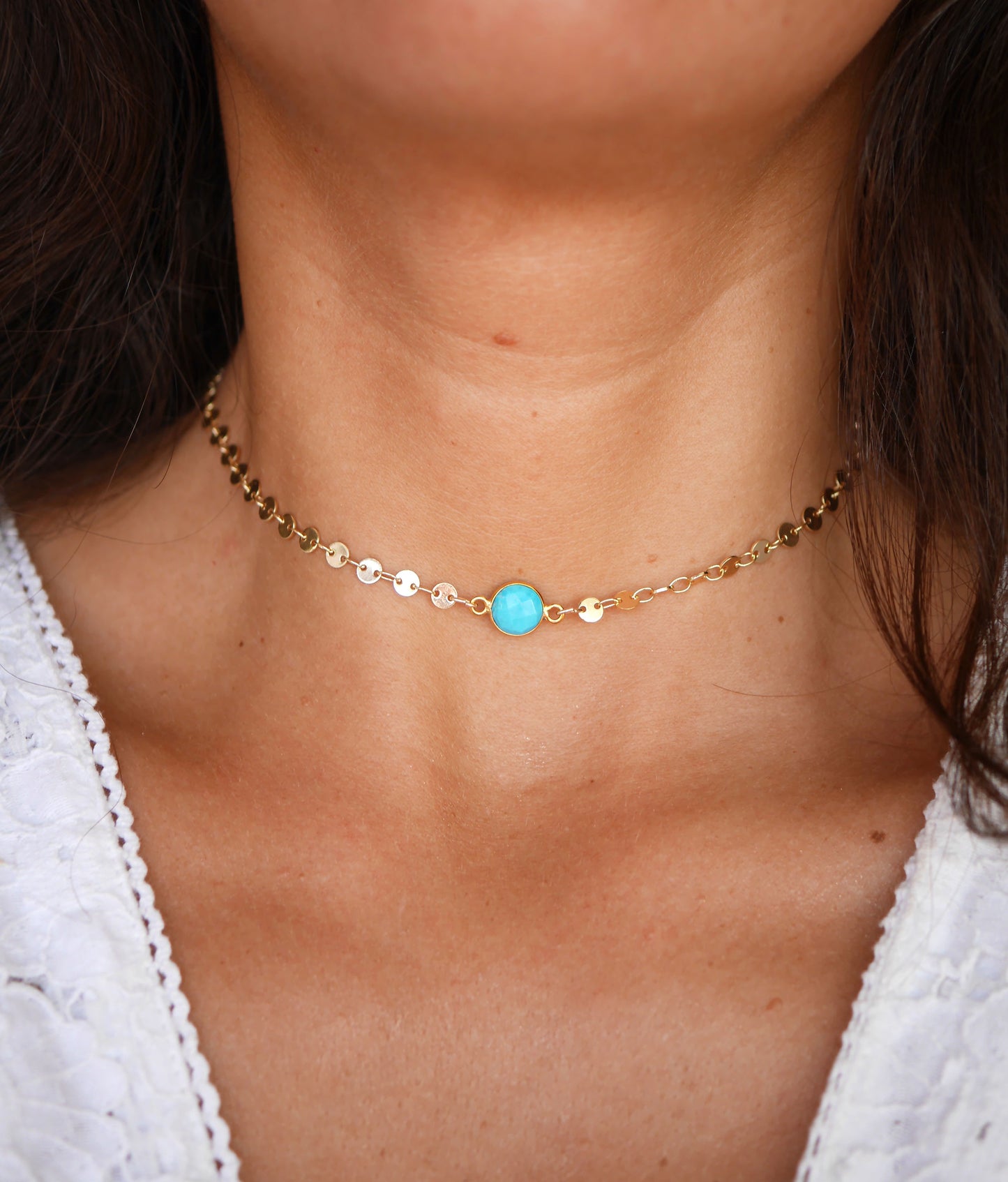 Ras de cou Cyrielle - Chocker - Pierre Turquoise - Chaîne cercles - Plaqué Or