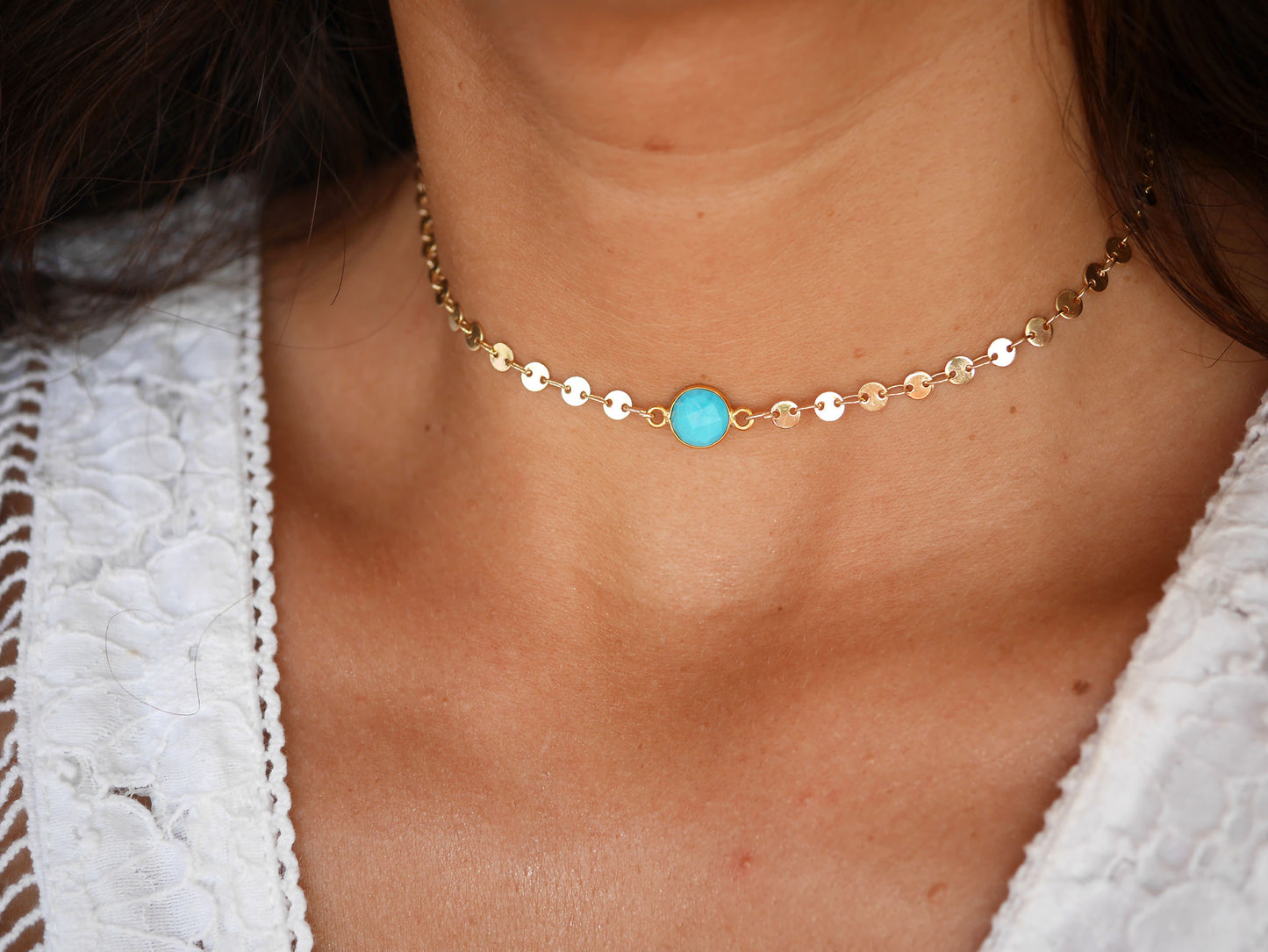 Ras de cou Cyrielle - Chocker - Pierre Turquoise - Chaîne cercles - Plaqué Or