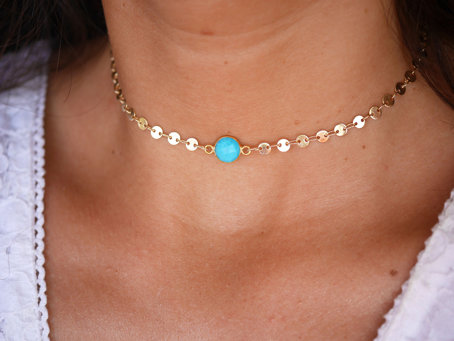 Ras de cou Cyrielle - Chocker - Pierre Turquoise - Chaîne cercles - Plaqué Or