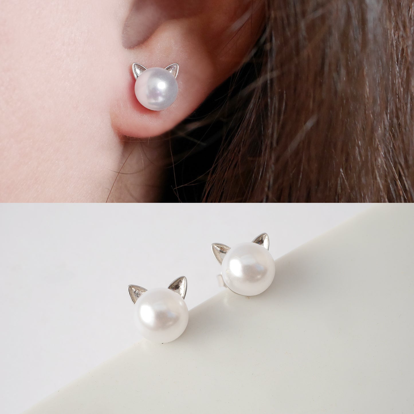 Boucles d'oreille Cat - Puce chat - Argent 925 - Perle d'eau douce